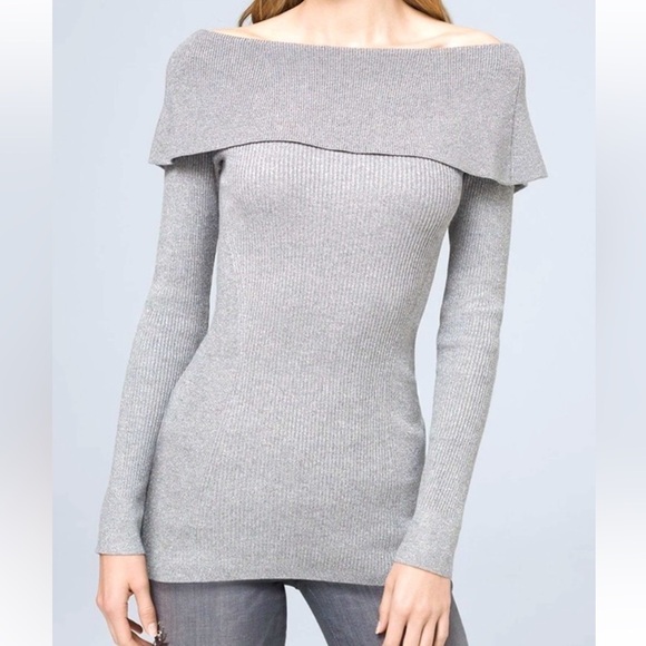 White House Black Market Gray Silver Shimmer Boat Neck Rib Tunic Sweater Sz XS - Picture 1 of 6